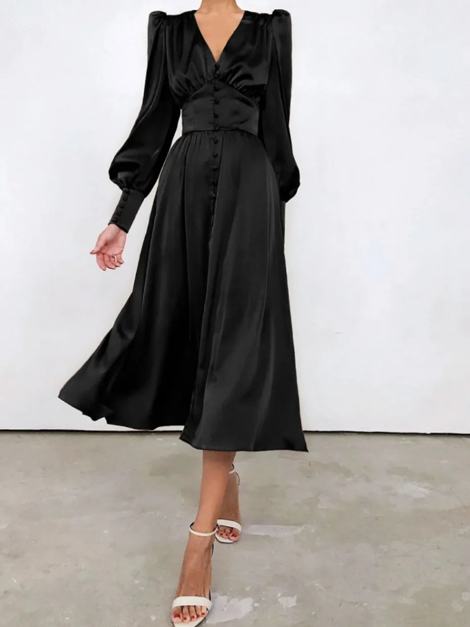 Elegante Mode Einreihig High Waist Satin Kleid - Midi Gr M