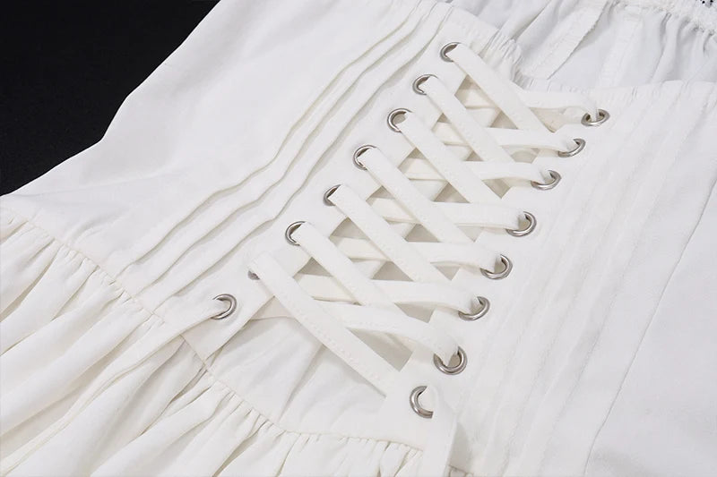 WhereMery Elegant Women Aesthetic  Pleated Mini Dress Y2K White Sleeveless Square-neck Lace-up Off Shoulder Spring Party Dresses