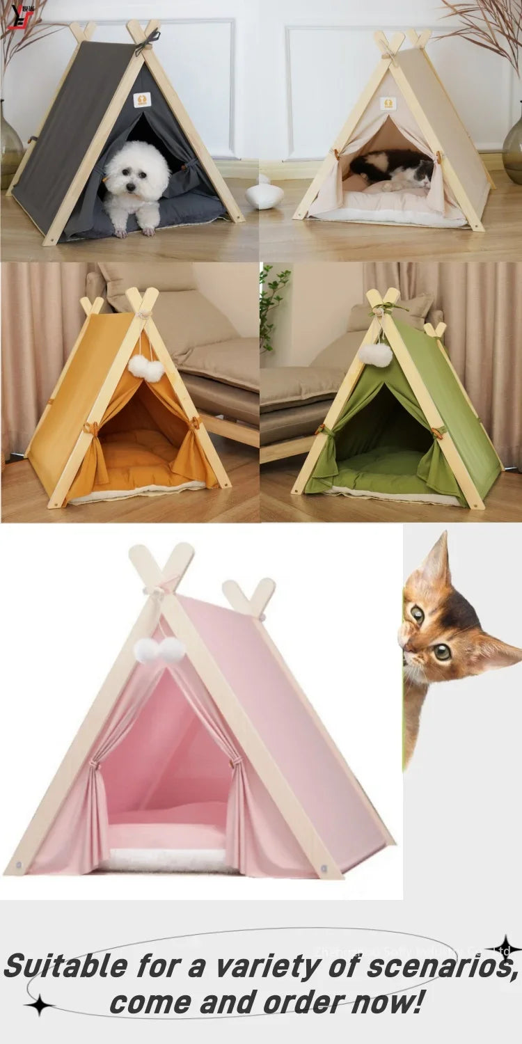 Pet Tent Nest Removable and Easy To Wash with Thick Soft and Comfortable Pad Warm Wooden Tent Bed Suitable for Cats and Dogs