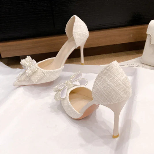 Elegant Pearl Bowknot Bride Wedding Shoes Woman elegant Pointed Toe Stiletto High Heels Pumps Women Shiny Crystal Dress Party Shoes - Golden Bridge Store