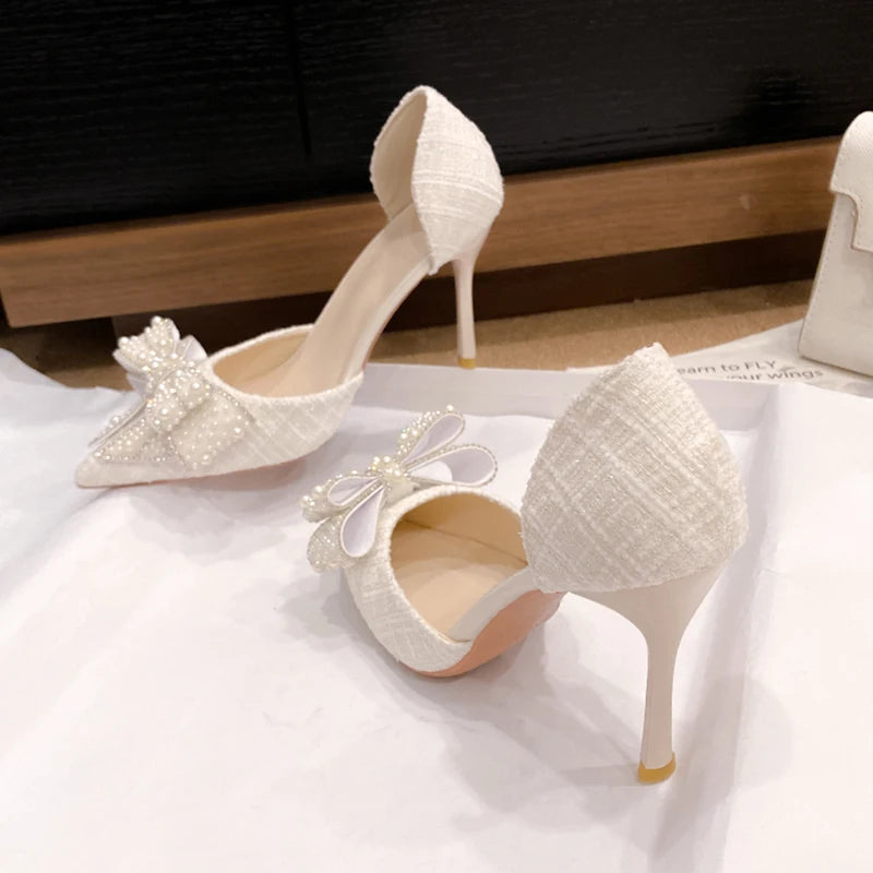 Elegant Pearl Bowknot Bride Wedding Shoes Woman elegant Pointed Toe Stiletto High Heels Pumps Women Shiny Crystal Dress Party Shoes