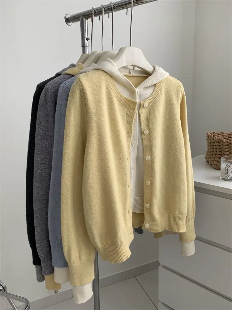 Cardigan tricotat cu glugă, stil coreean, Pateekate - Mărime M, Material poliester/vâscoză/spandex, Croială lejeră