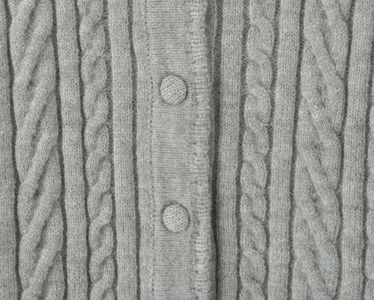 ZJOAN SHOWCN O-Neck Cardigan Set - Knopfverschluss Kurzrock Elastischer Bund Grau Khaki Größe Regular Extra-Heavy