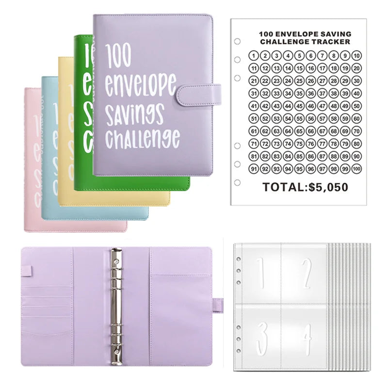 PU Leather Notebook Binder Budget Saving Money Planner Money Organizer for Cash Savings Zipper Envelope Pockets Stickers