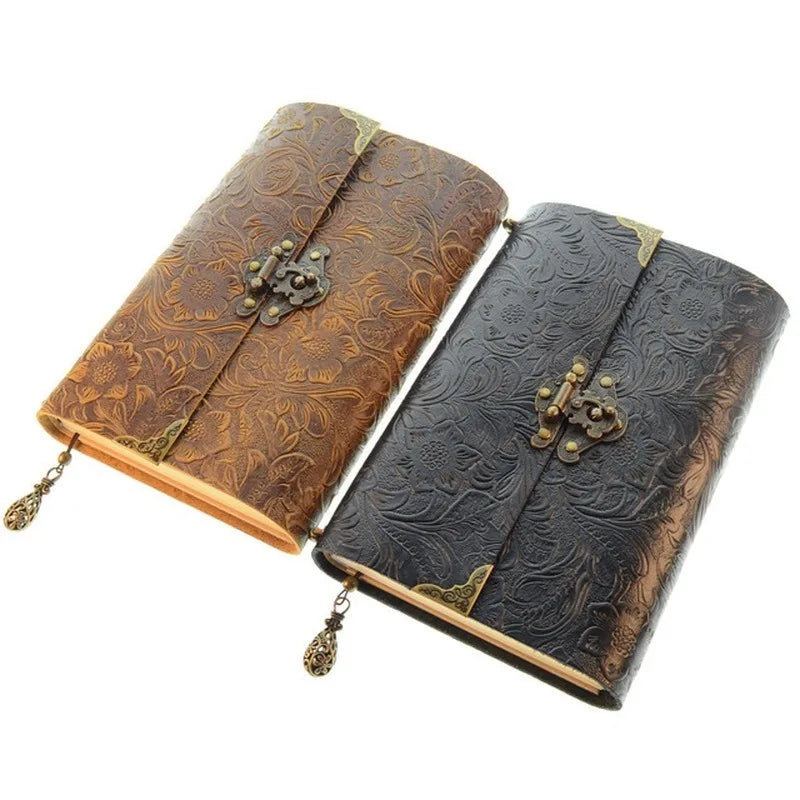 Embossed Pattern Soft Leather Travel Notebook with Lock and Key Diary Notepad Paper for Business Sketching & Writing