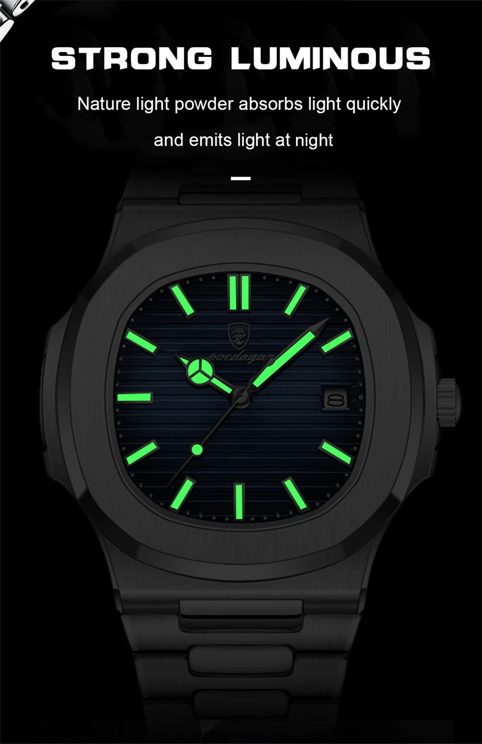 POEDAGAR Luxury Watch 2024 New Business Waterproof Male Clock Luminous Date Stainless Steel Square Quartz Men Watch reloj hombre