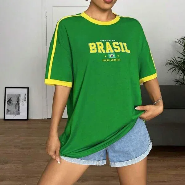 ZSSKASLCN Damen T Shirt Brasil Print - Grün Gelb Slim - Golden Bridge Store