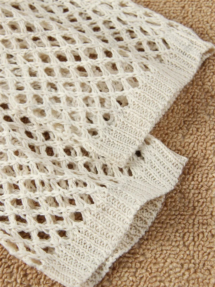 Einfarbig Strand Stricken Mini Kleid - Frauen Sommer Elegant Dekorative Details Langarm - Badeanzug Cover Up Boho Urlaub Lose Beachwear