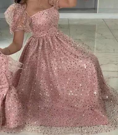 Maßgeschneiderte Kleider Für Mutter Und Tochter Elegante Glänzende Spitze Applikationen Formelle Party A-Linie Blumenmädchen Kleid Prinzessin Kind