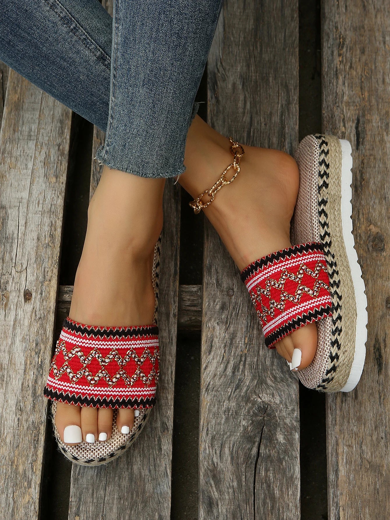 Gewebte Damen Pantoletten Platform - Sommer Schuhe für Damen 2025 Neu - Strand Casual Absatz Sandalen Bohemian Handgemacht Espadrilles