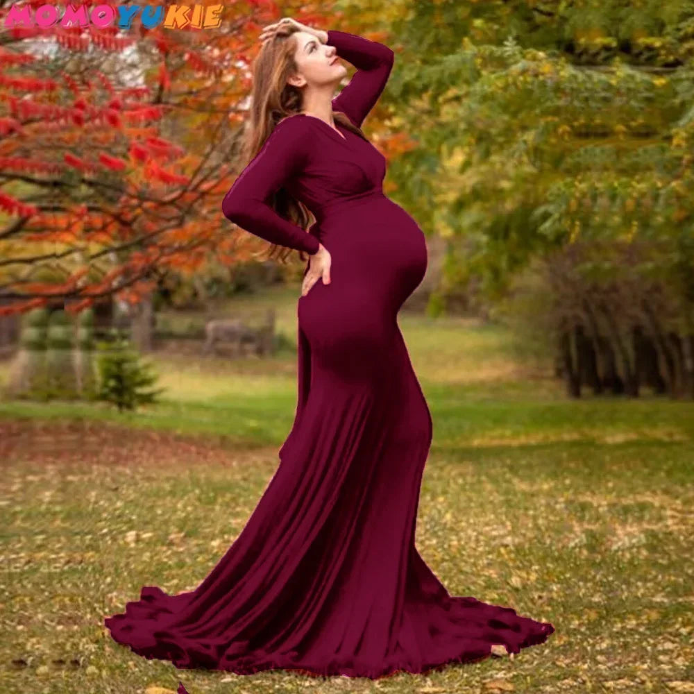 Rochie de maternitate pentru femei, primăvară-toamnă, elegantă, subțire, cu decolteu în V, mânecă lungă, tip sirenă, Maxi, pentru fotografie, ședință foto pentru bebeluși