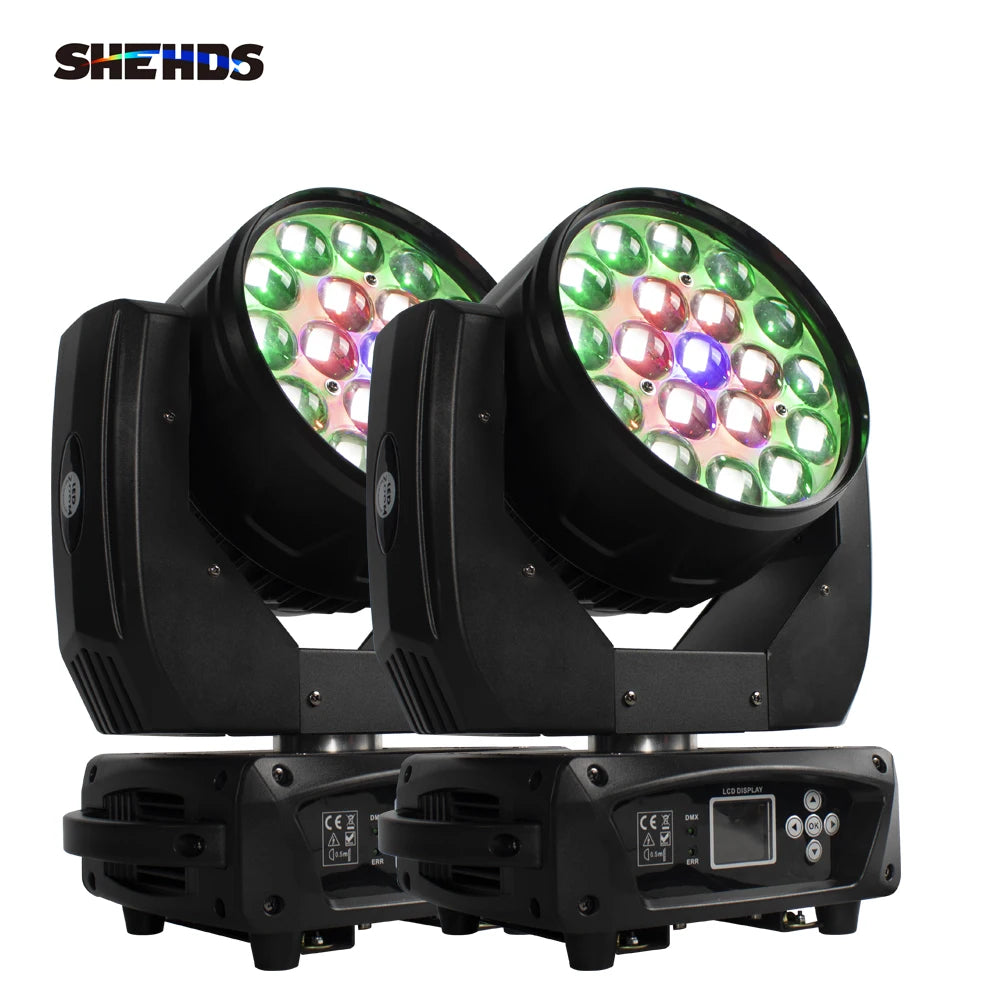 SHEHDS LED Zoom 19x15W RGBW Moving Head Light Beam Wash Effect Flight Case for DJ Disco Christmas Concerts Weddings Parties