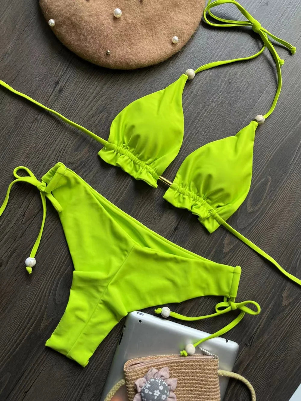 Set bikini pentru femei 2025 - costum de baie triunghiular cu halter brazilian, push-up, lanț metalic