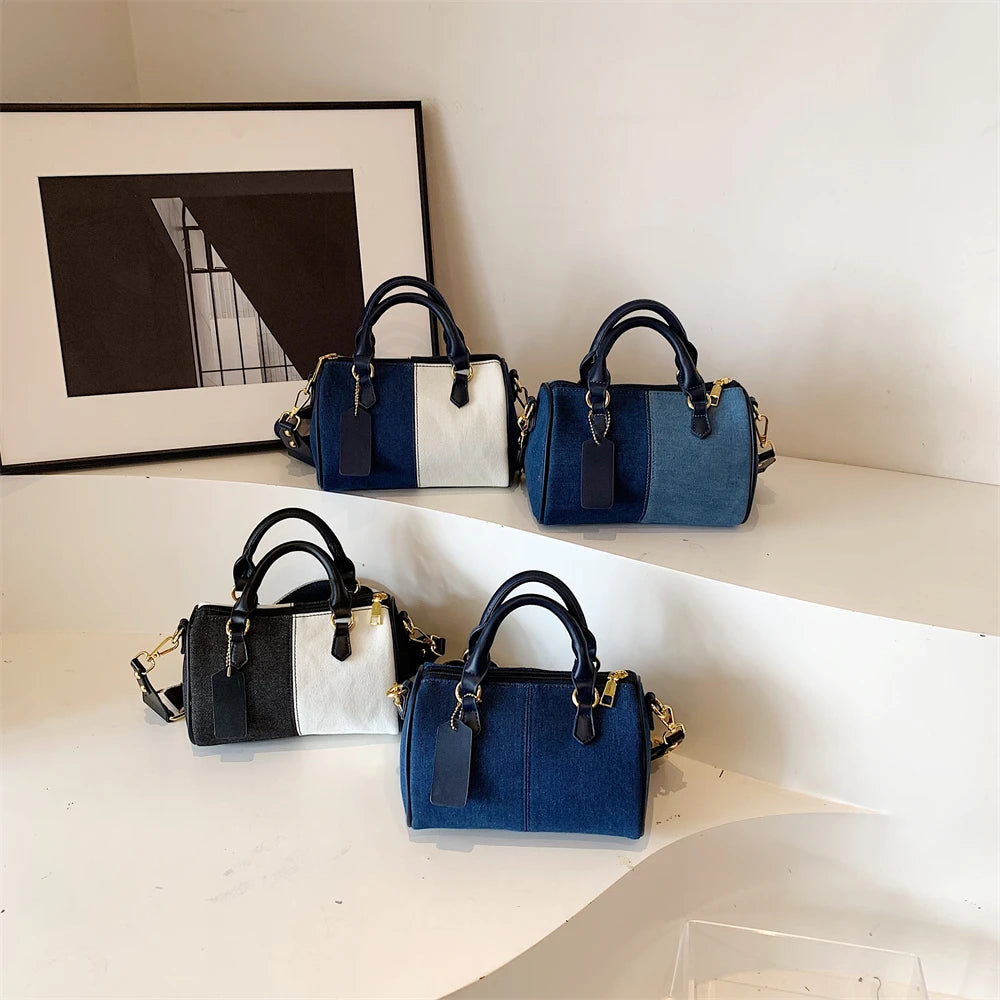 Patchwork Colorblock Mini Handbags For Women Denim Shoulder Cross Body Bags Casual Street Small Boston Bag 2024 Designer Purses