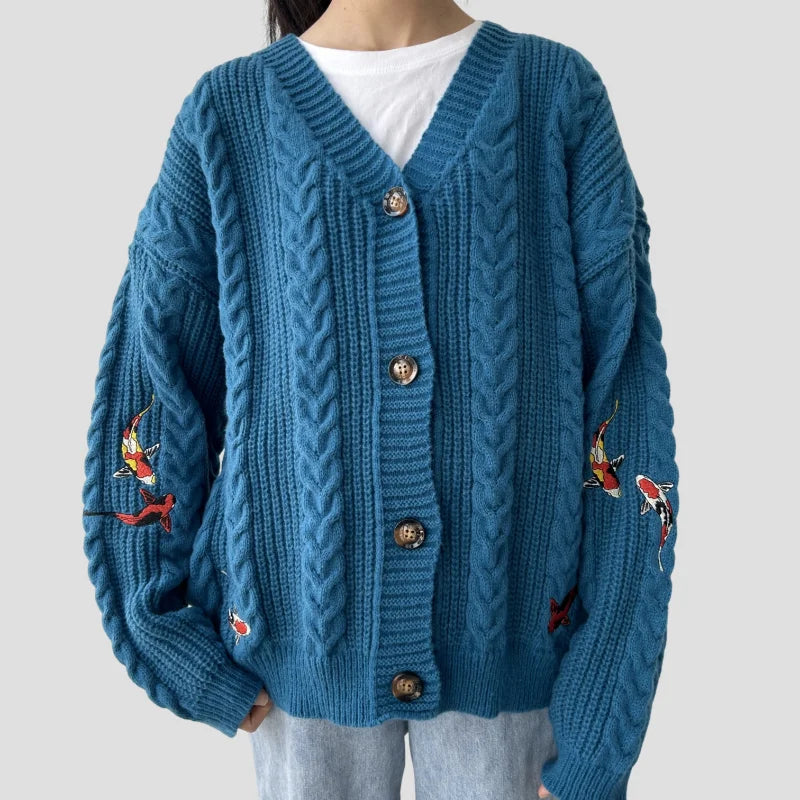 Koi Strickjacke Vintage Stickerei - Damen S-L, Türkis