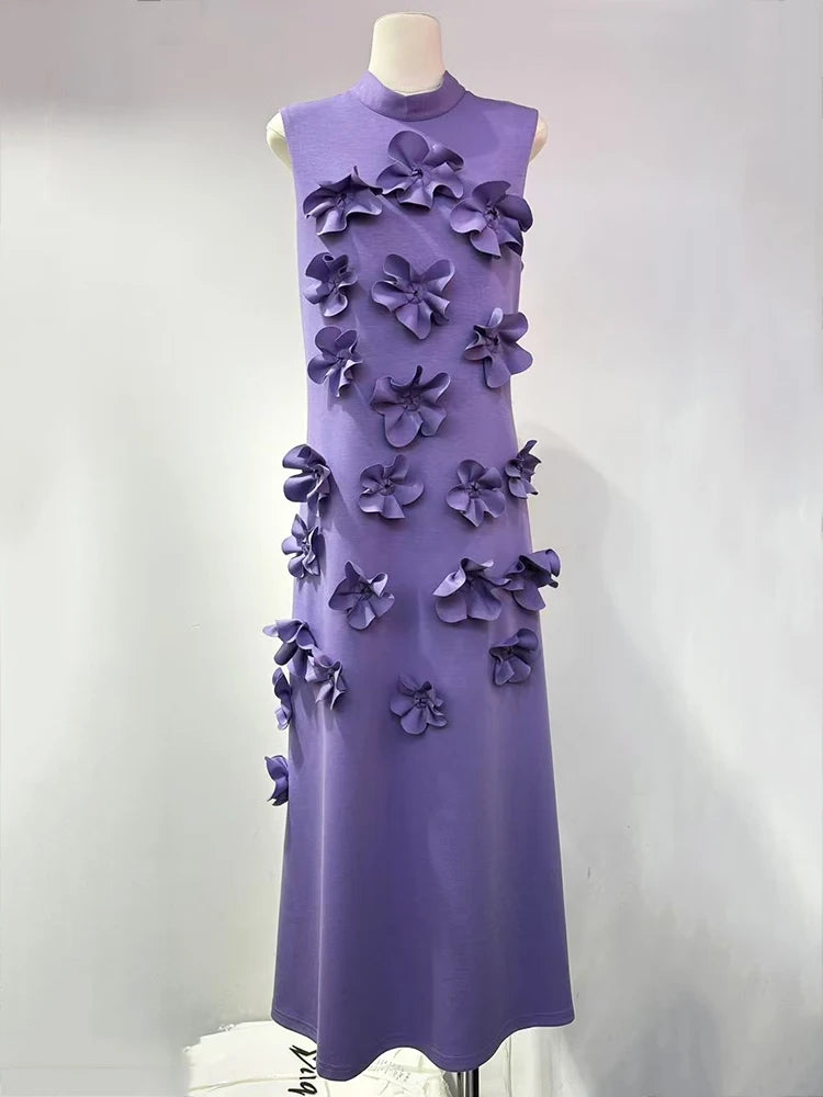 EWQ Elegant Female Evening Dress 3D Floral Design Stand Collar Sleeveless Temperament Women Slim Dresses 2025 Spring Red Robe