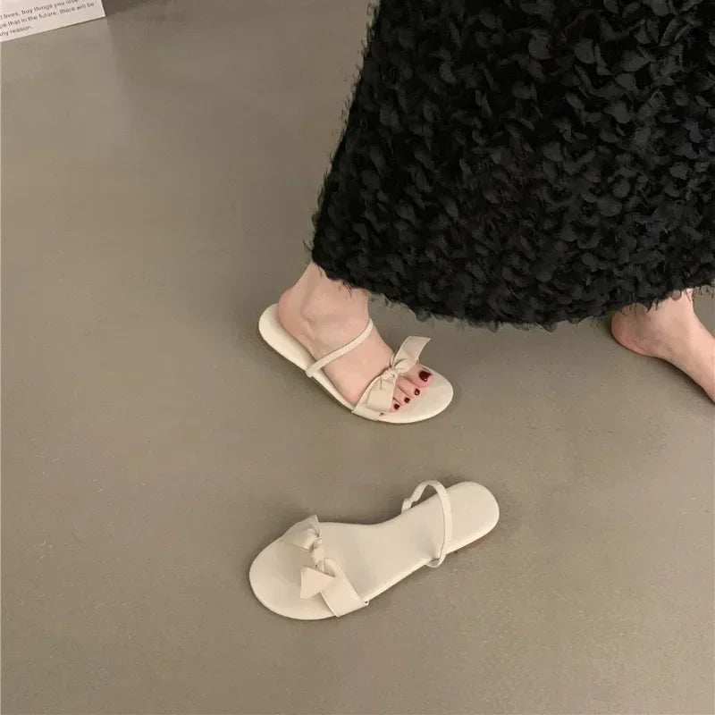 Flat Bottomed Slippers for Women Summer Bow Shaped Slimming Straight Strap Flat Sandals Women's Open Toed French Slippers Womens