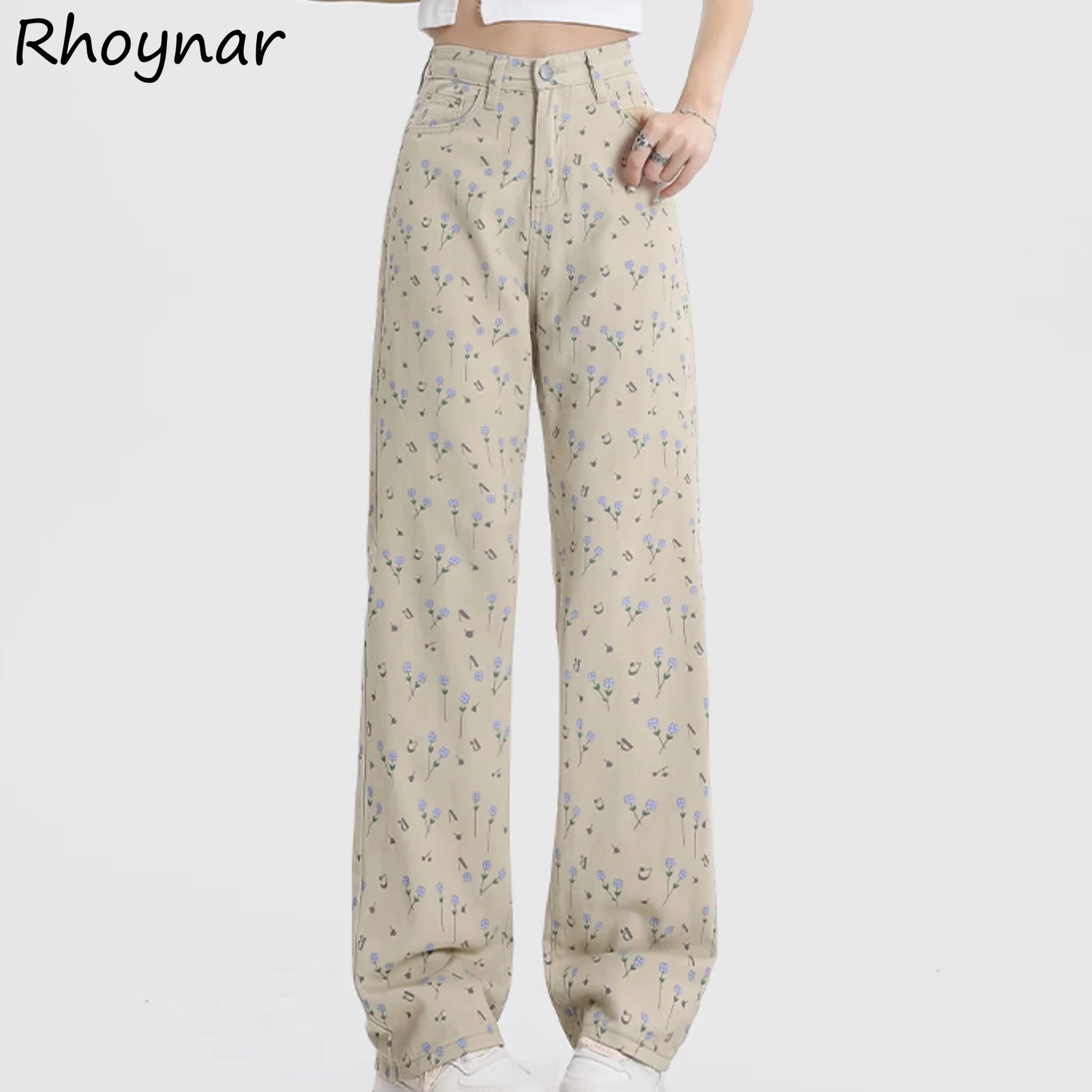 Damen Jeans 2025 - Washed High Waist Floral Printing Straight Preppy Style Sweet