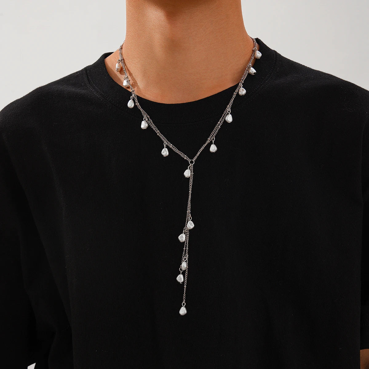 IngeSight.Z Creative Design Irregular Imitation Pearl Copper Tassel Long Chain Pendant Necklace for Men Women New Trend Jewelry