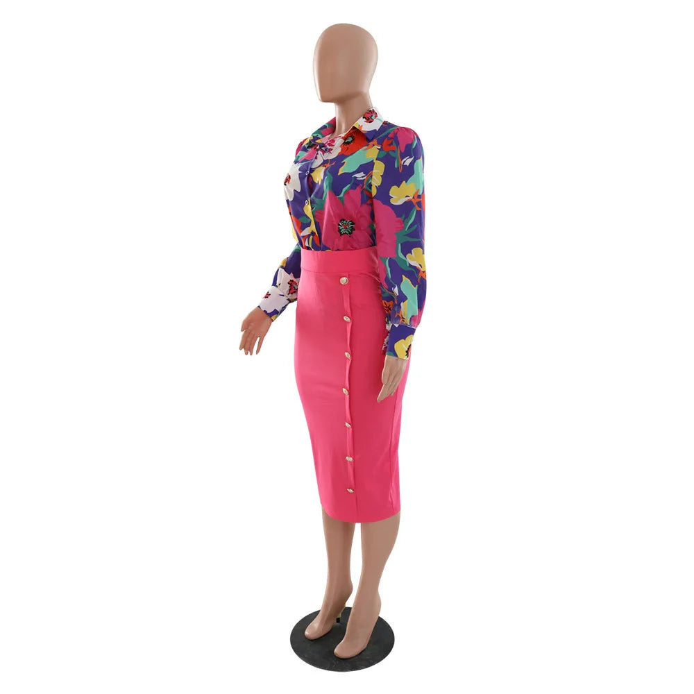Elegant 2 Piece Set Women OL Outfits Fashion Business Long Sleeve Print Blouse Shirt High Waist Bodycon Skirt Sexy Office Work