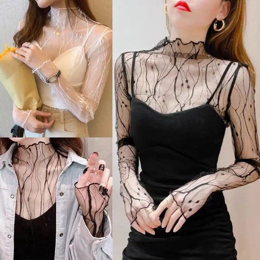 Tricou de vară pentru femei, mânecă lungă, pulover, transparent, topuri, modă doamnă elegantă, topuri din plasă, Slim, șifon, topuri, negru nou