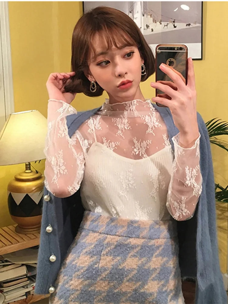 Summer Women Lace Floral Embroidery Blouses Shirt Ladies tops elegant mesh Blouses Transparent Elegant See-through Black Shirt