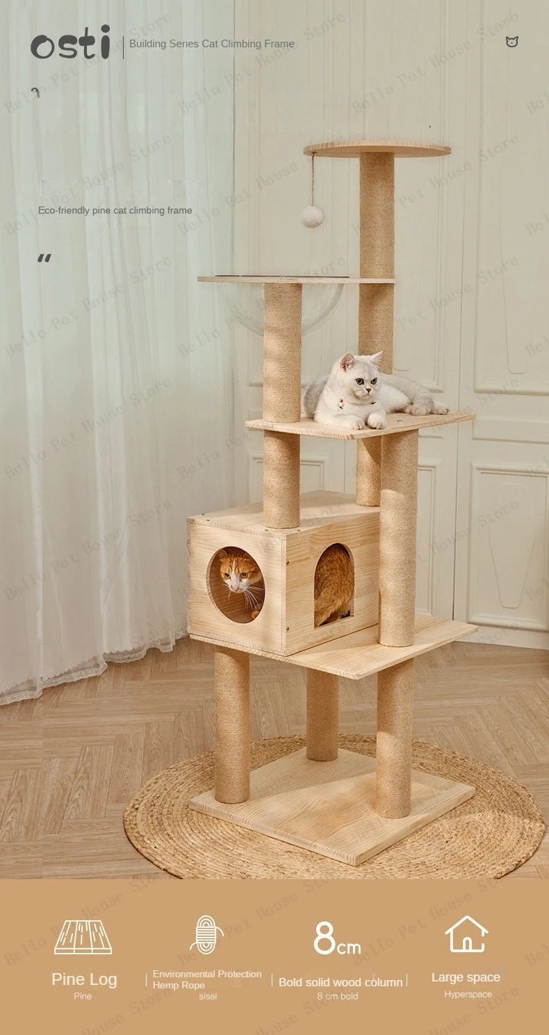 Massivholz Säule Multi-schicht Katzen Klettergerüst, Multifunktional Haustier Große Katzen Villa Mehrstöckig Katzen Baumhaus Klettern Spielzeug