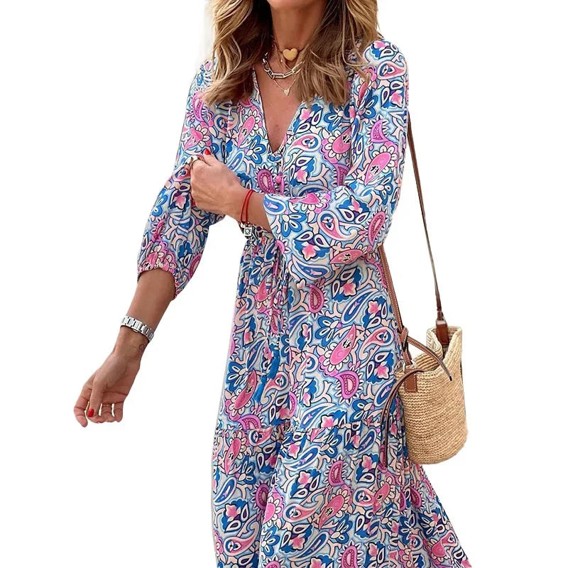 Elegant Women's Flower Long Dresses 2025 Spring New Bohemian Printed Dress Abıye Kadın Abiye Платье Robe Ete Femme Vestidos