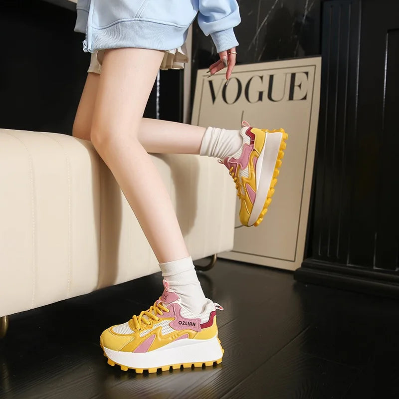Women‘s Trendy Color-blocked Brand Design Thick-soled Sneakers 2024 Spring and autumn New  Lace-up Mesh Breathable Tennis Shoes