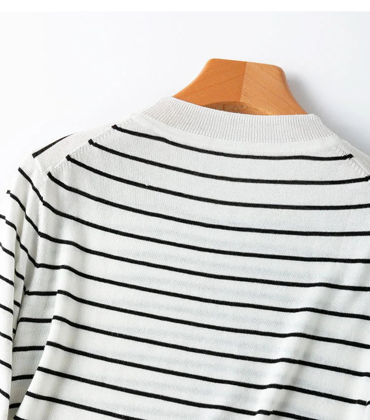 Women Knit T-Shirt 70% Mulberrry Silk 30% Cotton Round Neck Stripes Short Sleeve Sweater Pullover Top Shirt L XL XXL LY040