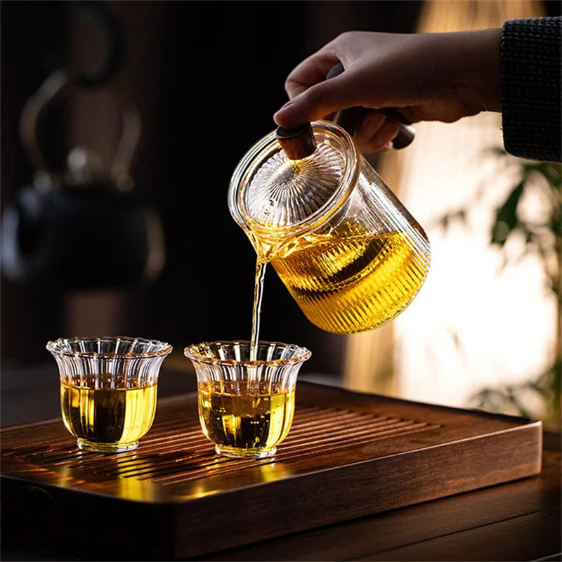Japanese Heat Resistant Vertical Stripe Glass Tea Pot Wood Handle Teapot Kung Fu Tea Set Puer Kettle Coffee Glass Pot Teaware