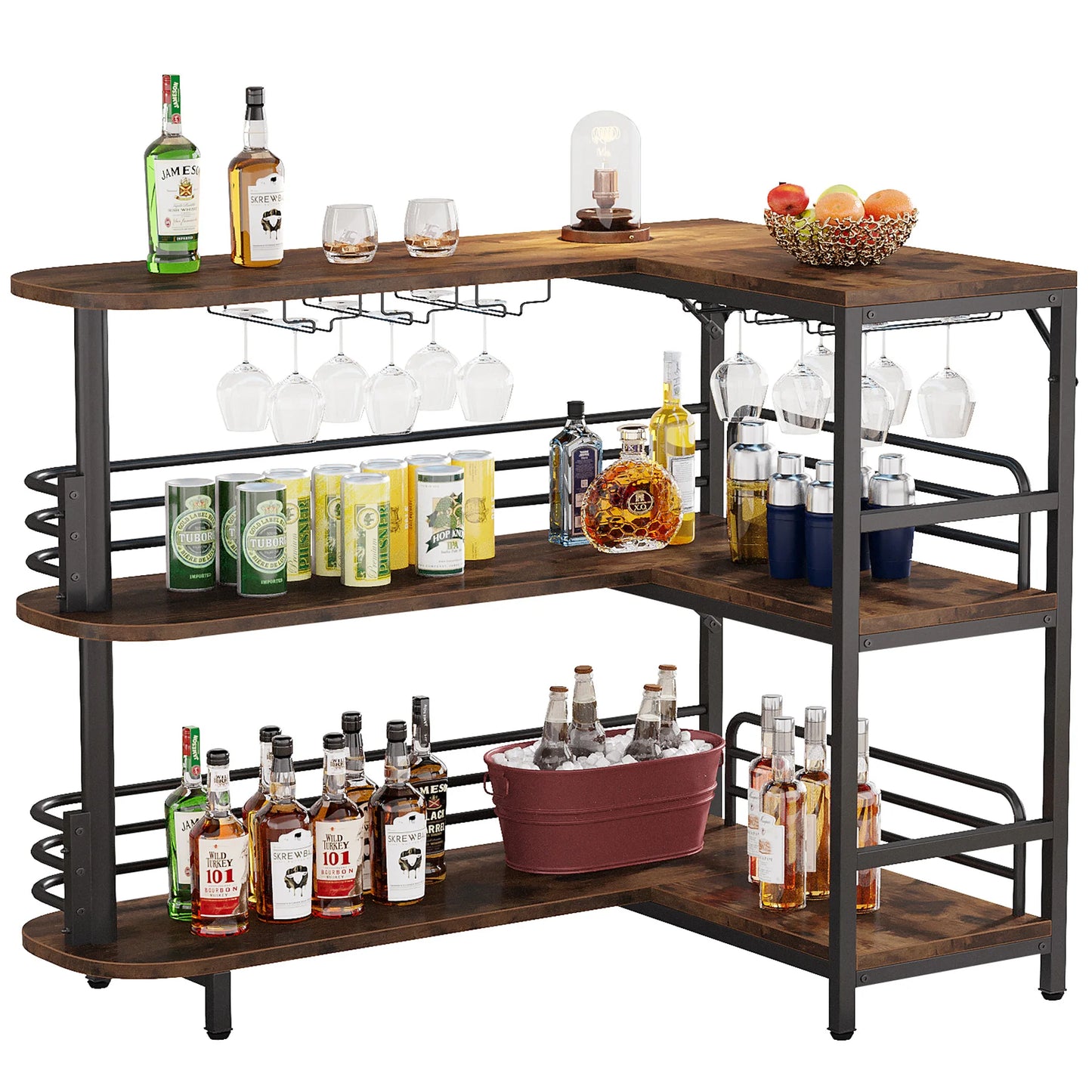 Hausbar 2025: Tribesigns L-Shaped Home Bar Unit - 3 Tier Liquor Bar Table Storage Shelves Wine Glasses Holder Collection