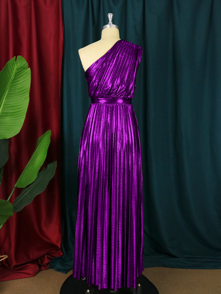 Elegant Women Even Dresses Luxury Maxi Long Metallic Pleated Dress One Shoulder Sleeveless Premium Shiny Shimmer Gowns Big Size