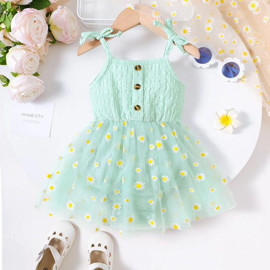 Toddler Children's Lace Up Bow Small Daisy Chiffon Bodysuit Suitable for Cute Baby Girls From 3 to 24 Months Summer Fashion Clot
