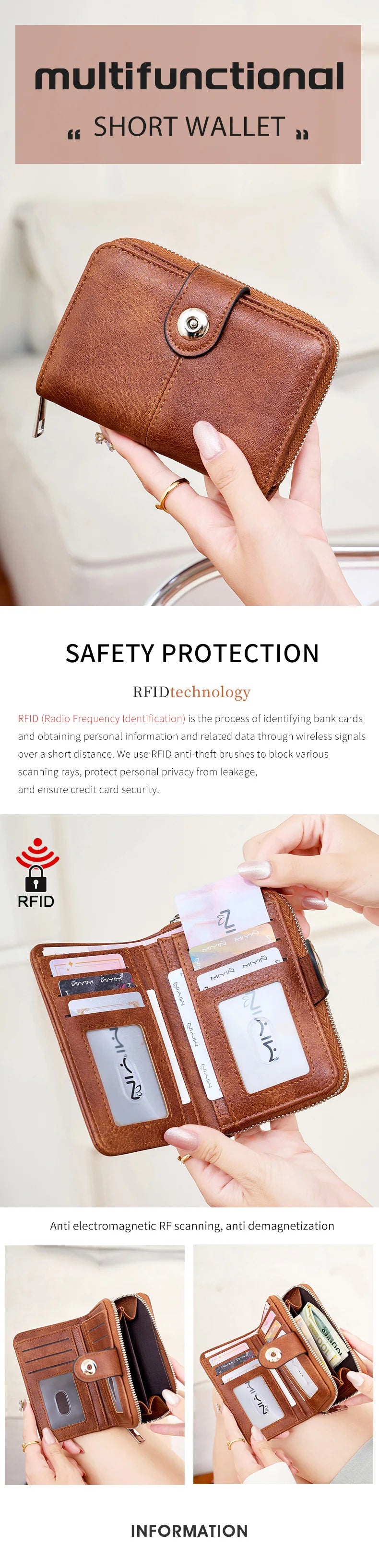 Neue Frauen Geldbörse Retro Dreifach RFID Schutz Kurz Stylish Design Große Kapazität Reißverschluss Schnalle