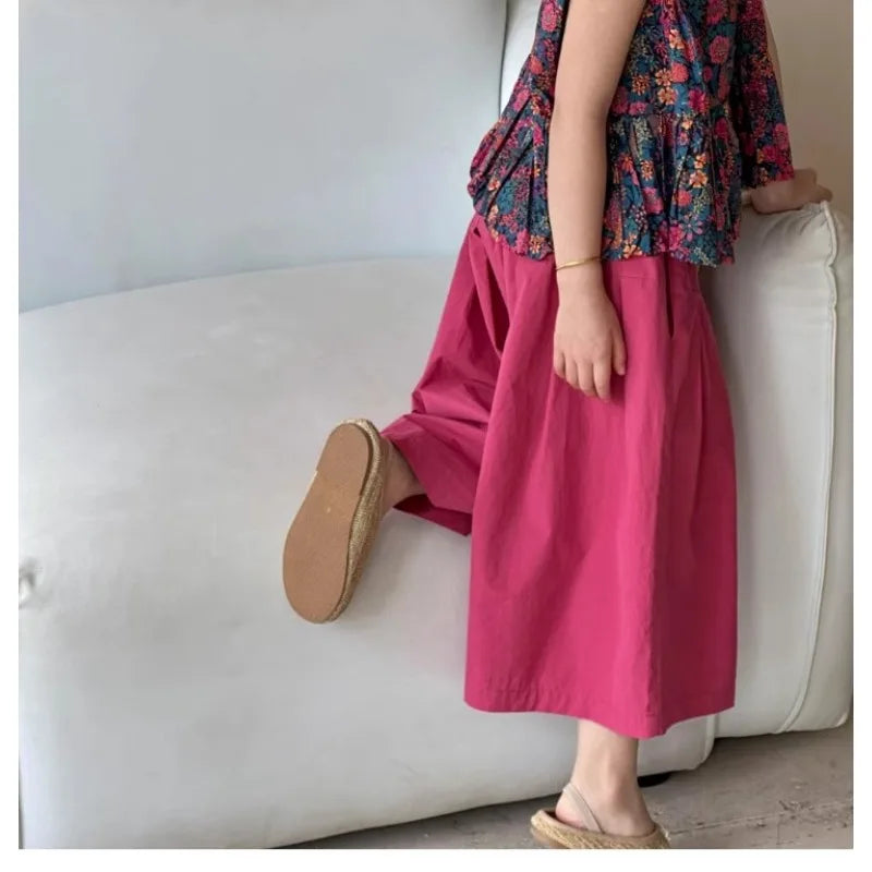 New Summer Infant Baby Girl 2PCS Clothes Set Cotton Floral Print Sleevelss T-shirt Suit Solid Soft Wide Leg Pant Kid Girl Outfit