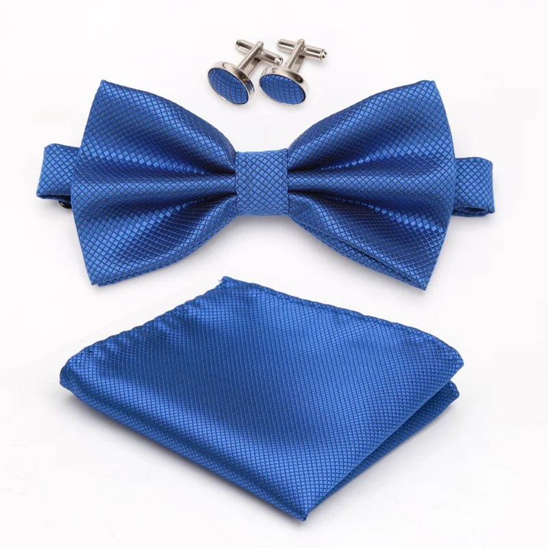 Men Bowtie Set 3pcs Plaids Classic Fashion Wedding Party Formal Cufflinks Bow Tie Handkerchief Cuff Links Lots Three Piece Set