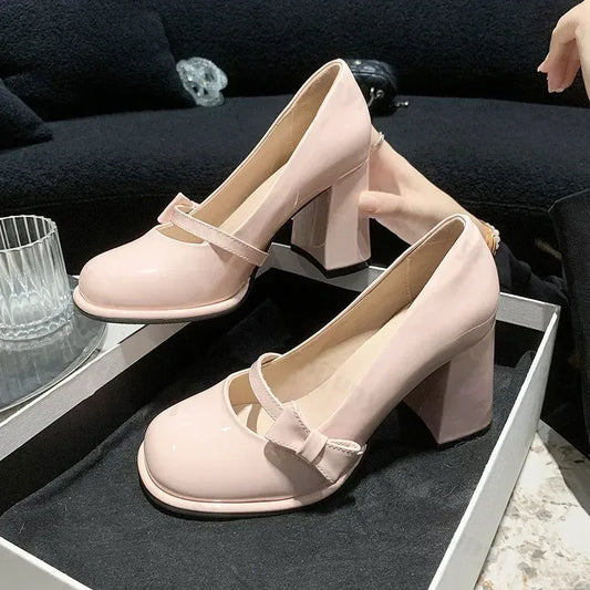 Elegant Heel Shoes Ladies 8cm High Heel Bowknot Solid Mary Jane Zapatos Adult Dress Pink White Black Cosplay Footwear - Golden Bridge Store