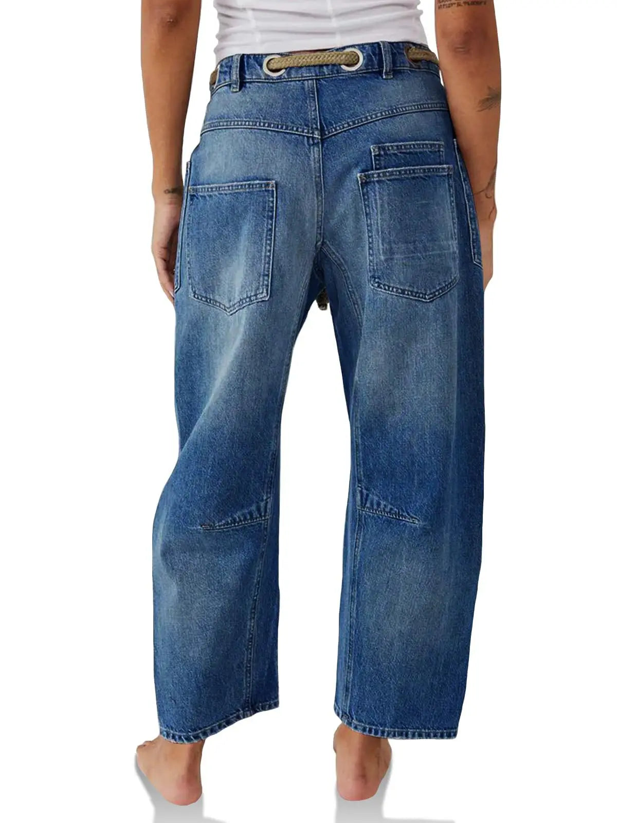 Jeans Women Denim Pants Straight Trousers Drawstring Long Pant Casual Loose Y2k Streetwear Button Pocket Splice Mom Jeans 2025