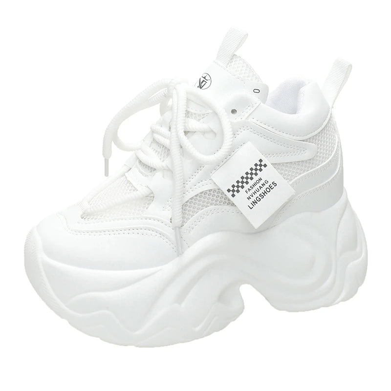 Women High Platform Sneakers New Summer 9.5CM Wedge Heels Thick Sole Leather Shoes Autumn Breathable Mesh Chunky Sneakers Woman