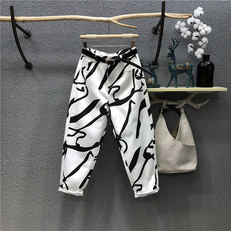 Blugi pentru femei 2025 - Stil streetwear la modă, imprimeu graffiti, talie înaltă, spălat, larg, drept