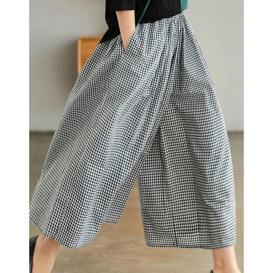 Elegant Woman Dress Plaid Pants Thin Cotton Linen Wide Leg Trousers Women 2024 Summer High Waist Baggy Jogger Pants Sweatpants - Golden Bridge Store