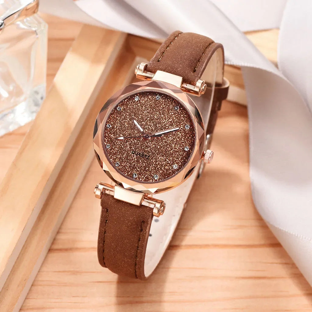 Casual Uhren Damen Romantischer Sternenhimmel - Uhr Armband Leder Strass Designer - Damen Uhr Einfaches Kleid Geschenk