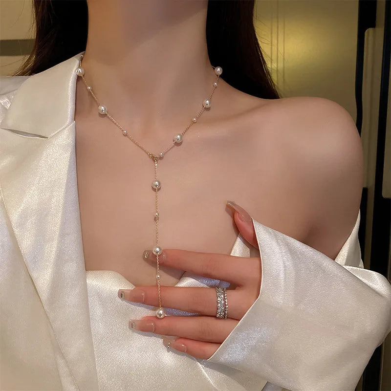 Beads Chain Kpop Pearl Choker Gold Color Long Necklace Goth Fashion Jewelry On The Neck Pendant Collar Gifts For Women Wholesale