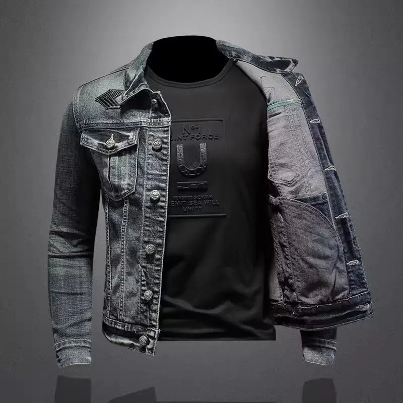 Jachetă denim vintage pentru bărbați, stil High Street, vrac, evazabil, motociclist, îmbrăcăminte elegantă, casual, cu rever cu nasturi, îmbrăcăminte pentru bărbați