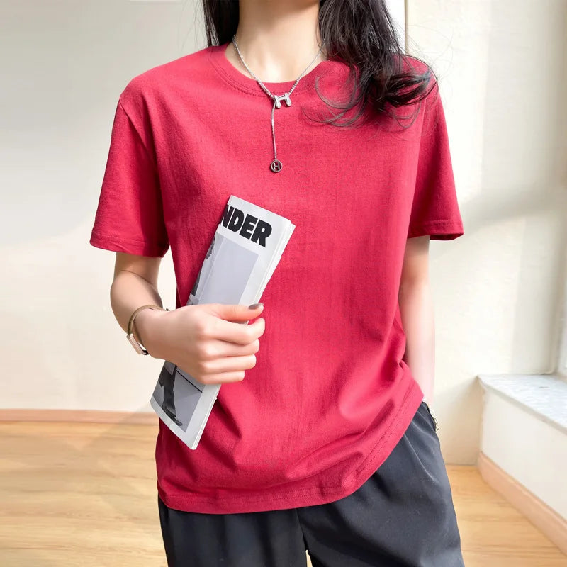 Women T-shirts 2025 Tops Solid Short Sleeve Loose O-neck Cotton Casual Ladies Shirts Harajuku Korean Summer Woman Tshirts