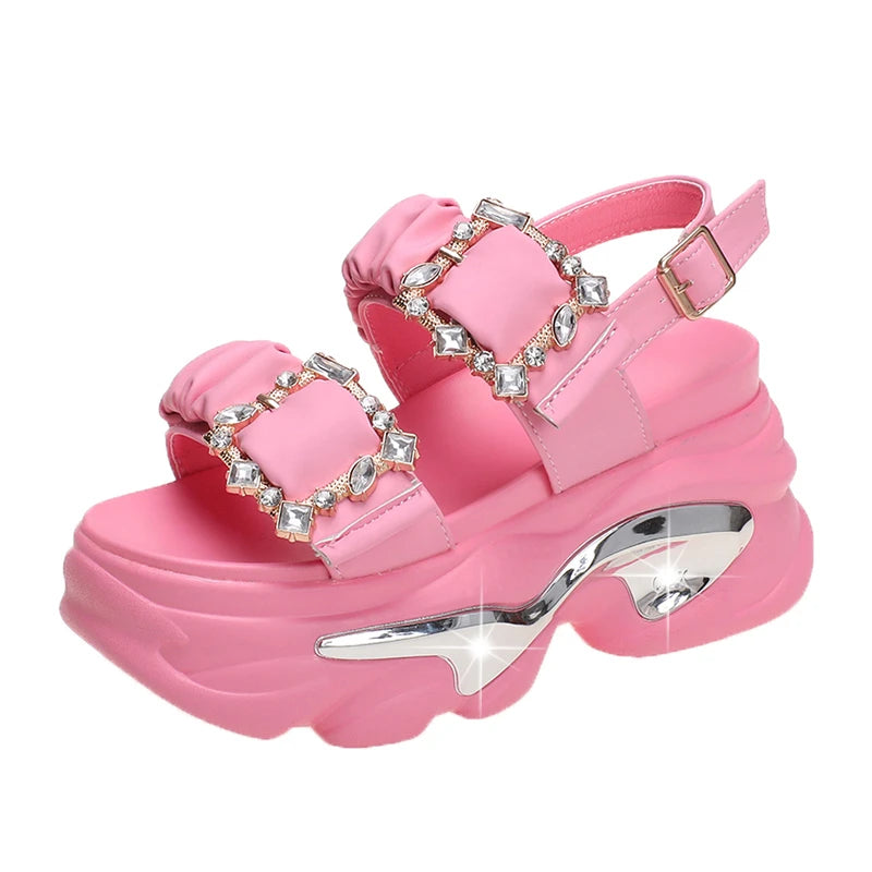 Women's Bling Strap Chunky Sandals Summer 2023 Thick Bottom Wedges Beach Slippers Woman Fashion Pink High Platform Sandals Mujer