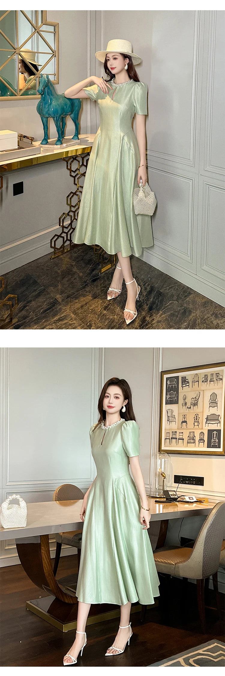 Elegant Host Evening Dress Women's French Vintage Sweet Pearl Hollow Folds Swing A-LINE Long Robe Party Catwalk Prom Vestidos