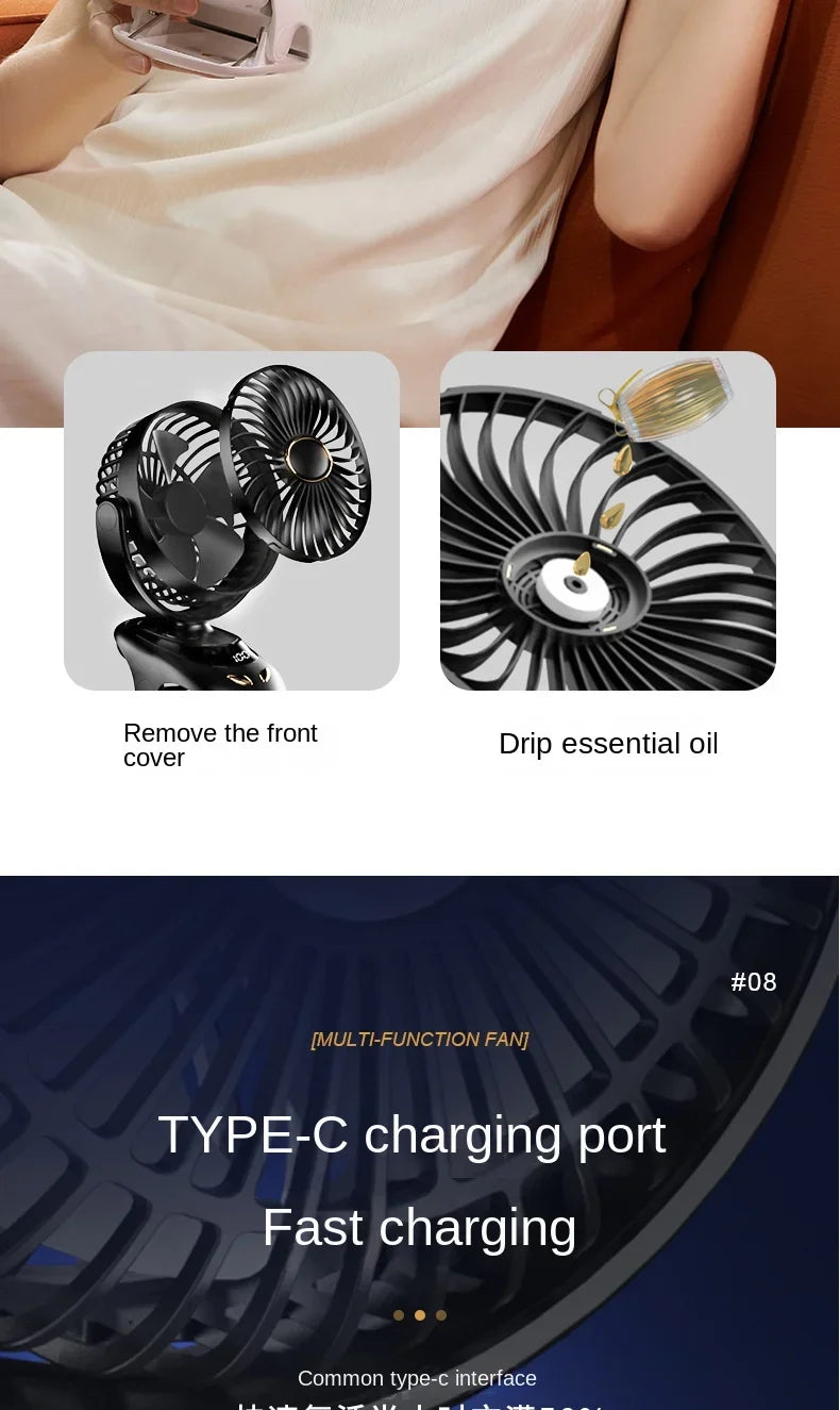 3000mAh Portable Clip Fans USB Rechargeable Wireless Handheld Desk Fan 90° Rotation Cooling 5 Speed Quiet Small Fan for Home