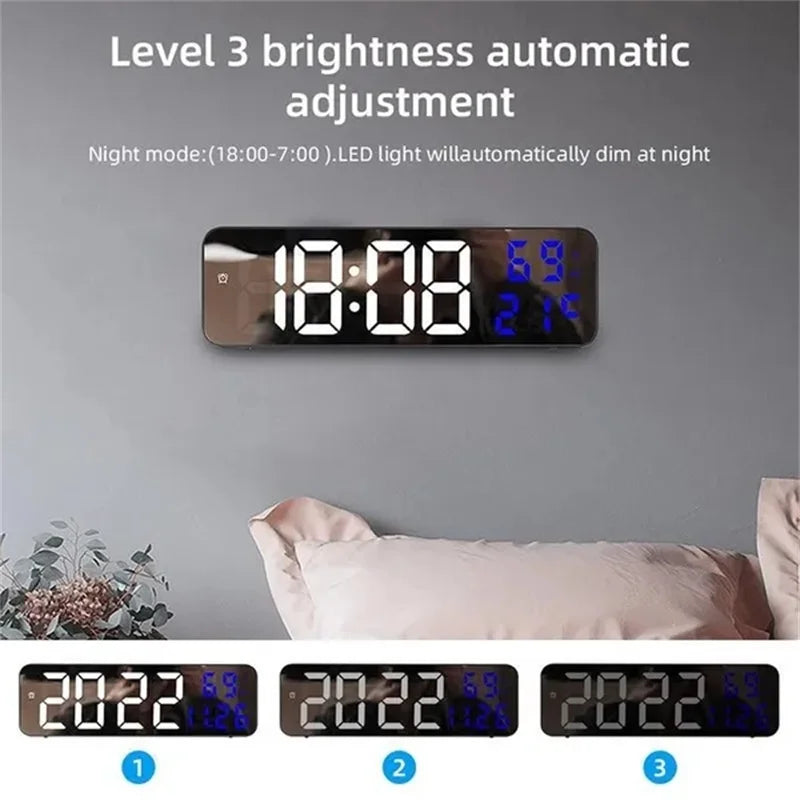 Led Wall Clock Large Screen Digital Mirror Adjustable Brightness Temp Humidity Date Display Alarm Clocks for Home Living Room